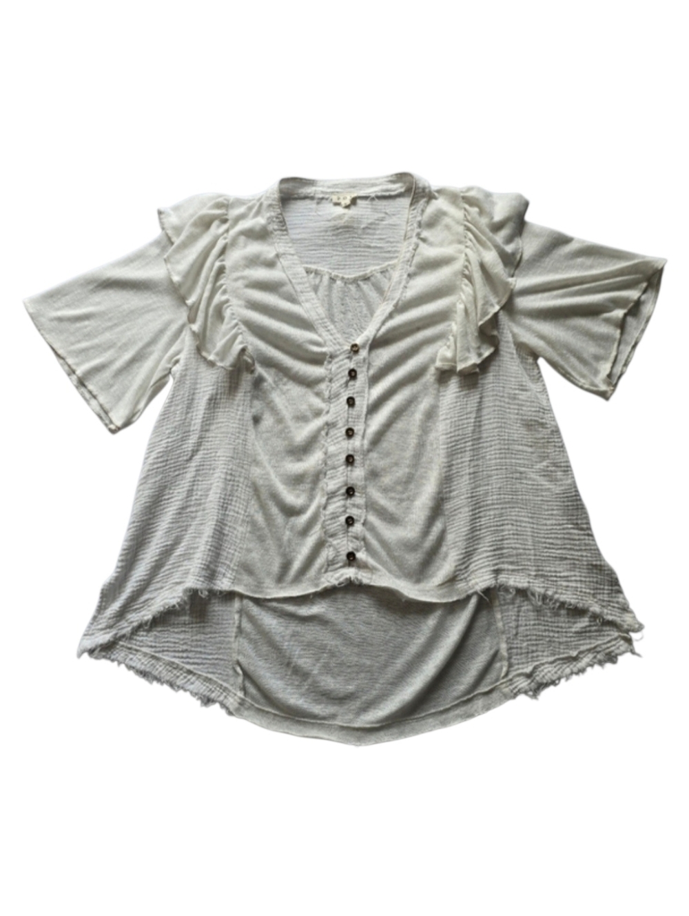 POL Droptail 100% Cotton White Ruffled Distressed Oversized Women's Top Size L‎